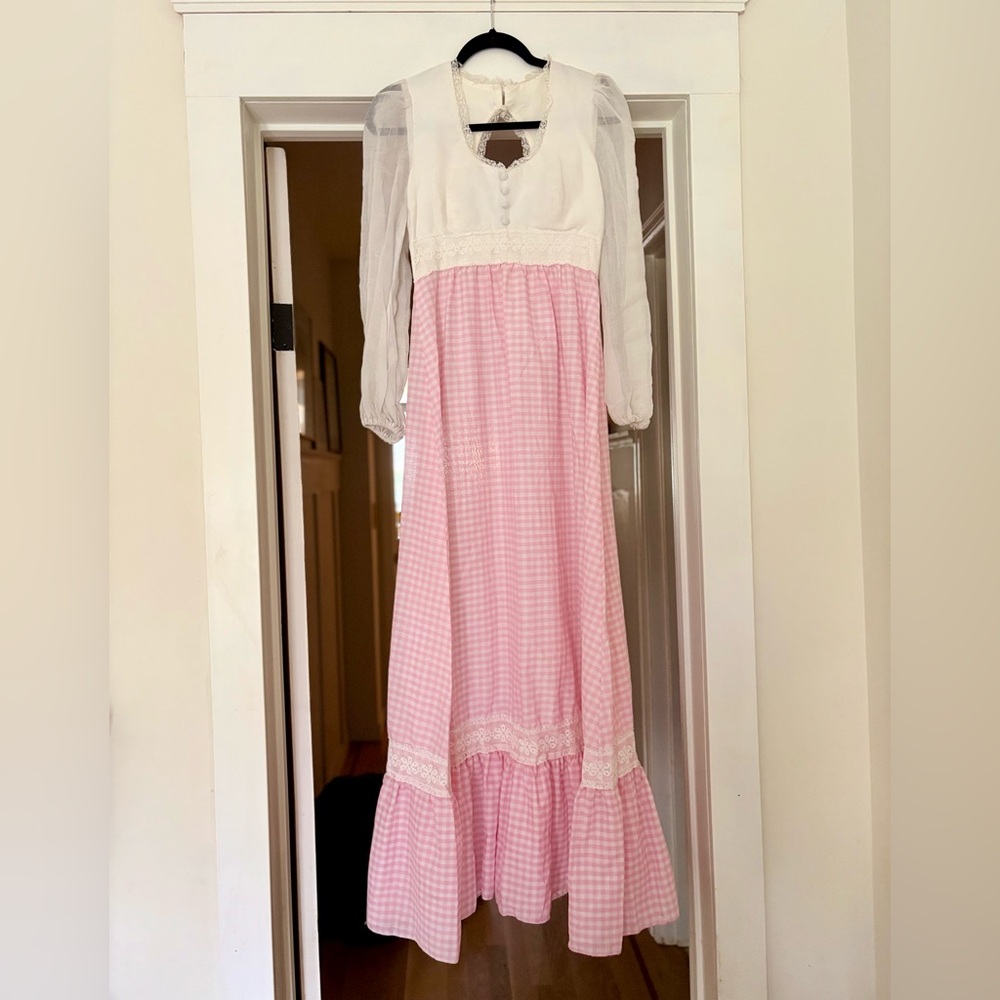 Vintage 1970s Candi Jones California Pink Gingham Prairie/Gunne Sax-Style Dress